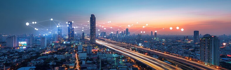 Fototapeta premium Cityscape at twilight with a network of glowing dots above the skyscrapers and a highway with long exposure light trails.