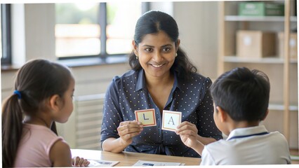 An Indian teacher using flashcards to teach young children, enhancing early literacy and numeracy skills.