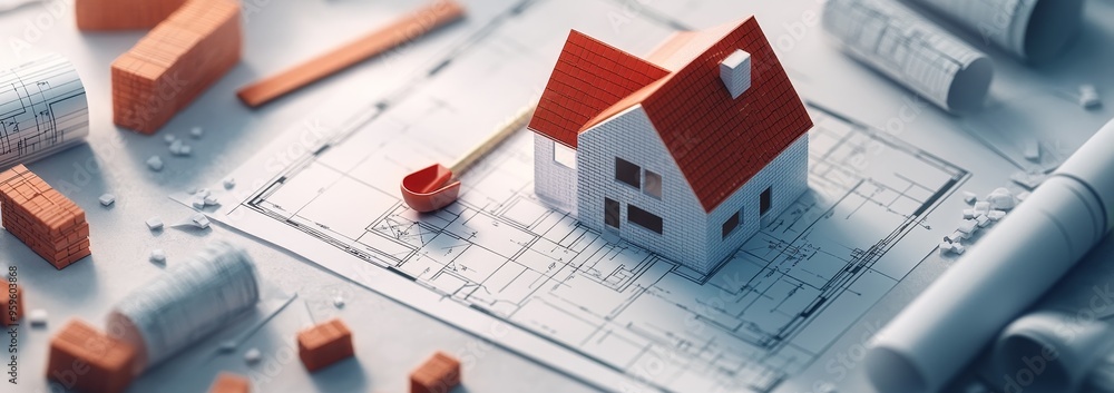 Poster miniature house model on blueprints with construction materials.