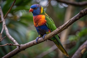 Obraz premium A Colorful Parrot With a Blue Tail Sits on a Branch