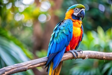 Obraz premium A Colorful Parrot With a Blue Tail Sits on a Branch