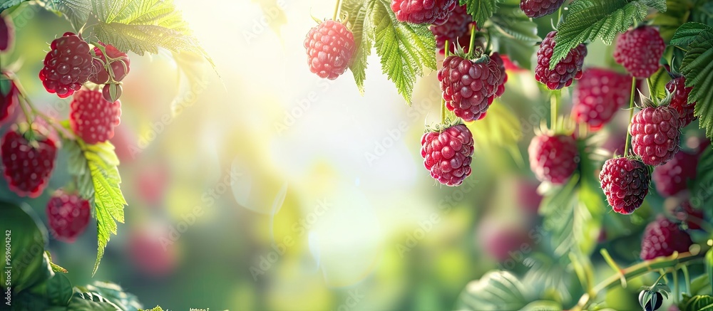 Poster ripe raspberries on a bush close up. copy space image. place for adding text and design