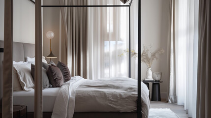 A serene bedroom design with a minimalist four-poster bed in soft linen, velvet cushions, and floor-to-ceiling silk drapes for a touch of subtle opulence