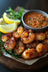 Fototapeta premium Crispy fried shrimp with dipping sauce, lemon wedges, and greens