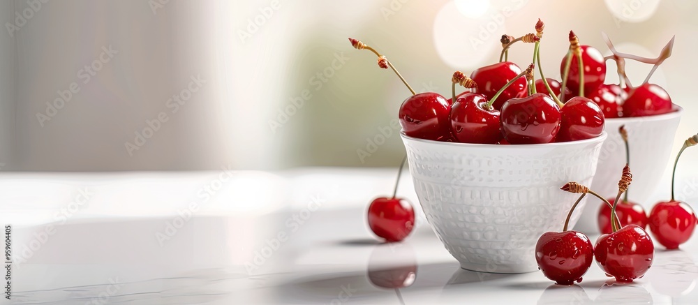 Poster cups filled with ripe cherries on a white table. copy space image. place for adding text and design