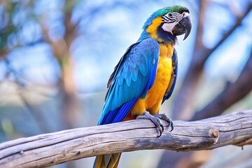 Obraz premium A Colorful Parrot With a Blue Tail Sits on a Branch