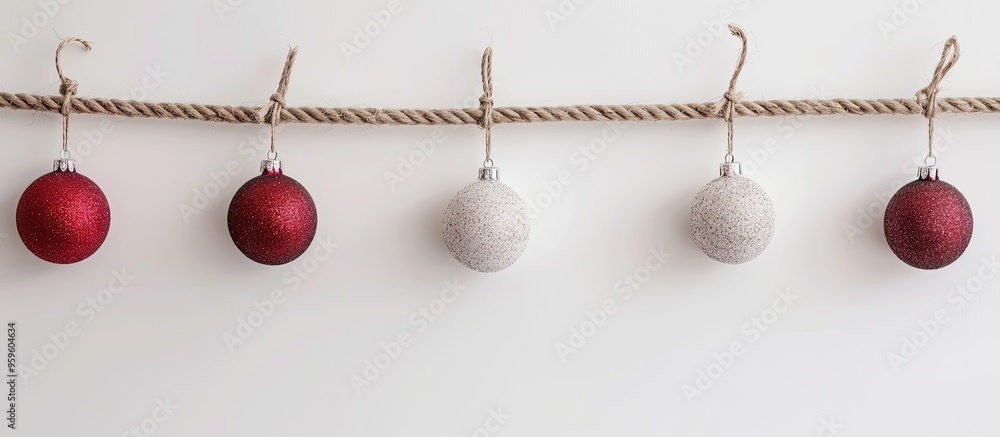 Poster christmas decorations hanging with a rope on a white background flat lay top view. copy space image.