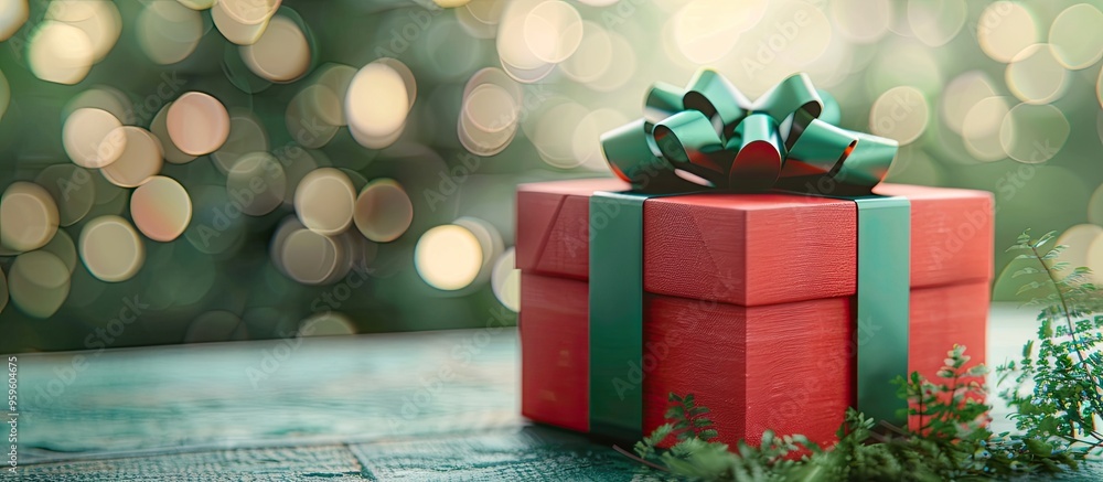 Poster red gift box featuring a green ribbon and bow placed on a table. copy space image. place for adding 