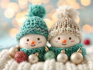 Charming snowmen wearing colorful knitted hats, surrounded by festive ornaments, evoke warmth and joy during the holiday season.