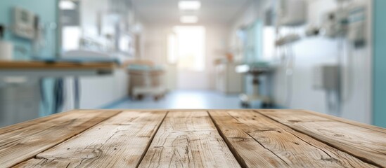 Wooden table surface in a blurred hospital or cosmetic clinic setting Related to health care medical services or repairs Ideal for product display or key visual layout design Includes a view of copy