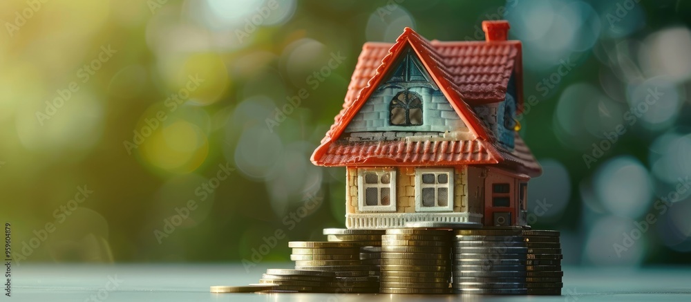 Aufkleber miniature house placed on a stack of coins representing a business and financial concept. copy space