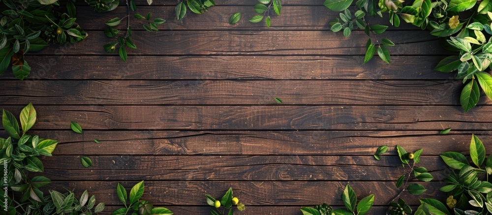 Poster wooden backdrop top view bordered by tree leaves. copy space image. place for adding text and design