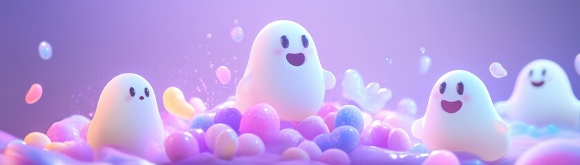 Colorful and whimsical ghost characters playfully gather in a delightful candy-like landscape, creating a cheerful scene.