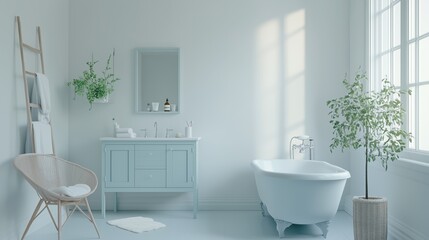 Fototapeta premium A minimal bathroom with a light blue wall. The room is very clean and well-lit.