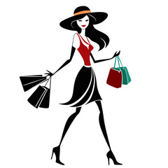 A stylish, silhouette of a woman in a large hat, wearing a red top and black skirt, carrying multiple shopping bags