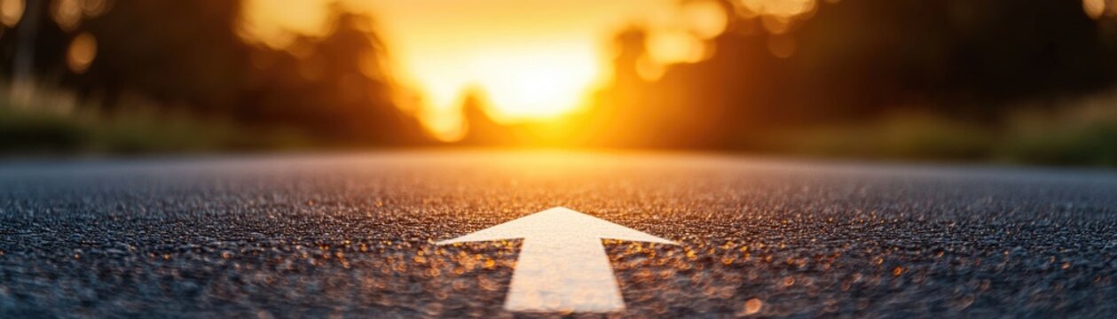 Asphalt road with white arrow leading forward, warm light from sunset, symbol of progress, journey through life