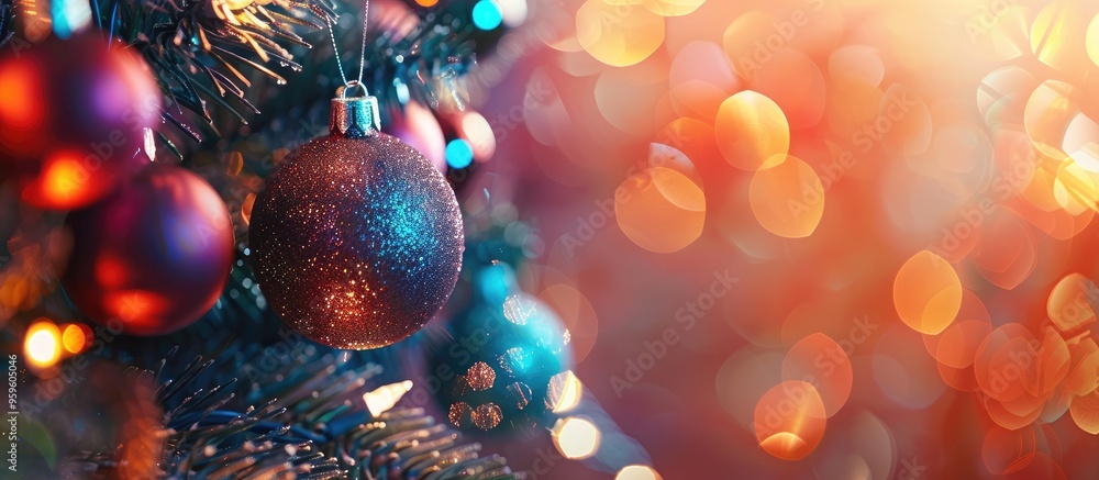 Poster close up of a bauble on a decorated christmas tree with colorful balls and lights in the background 