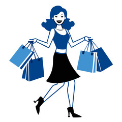 A fashionable woman in a stylish outfit joyfully carries multiple shopping bags, showcasing her love for shopping