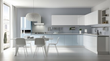 Fototapeta premium A minimal kitchen with a light blue wall. The room is very clean and well-lit.