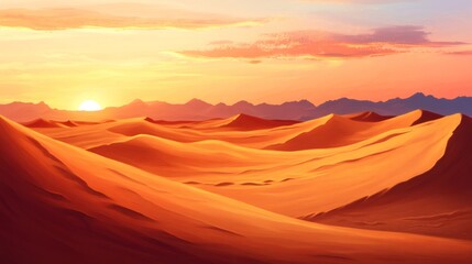 Naklejka premium A painted sunset over an orange desert landscape with mountains in the background.