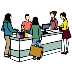 Five people are gathered around a checkout counter, with items and bags being exchanged, indicating a shopping scene
