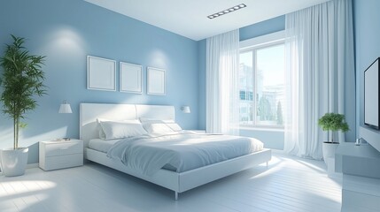 A minimal bedroom with a light blue wall. The room is very clean and well-lit.