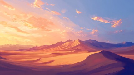 A painted landscape of a desert with a mountain range in the distance and pink and orange clouds in the sky.