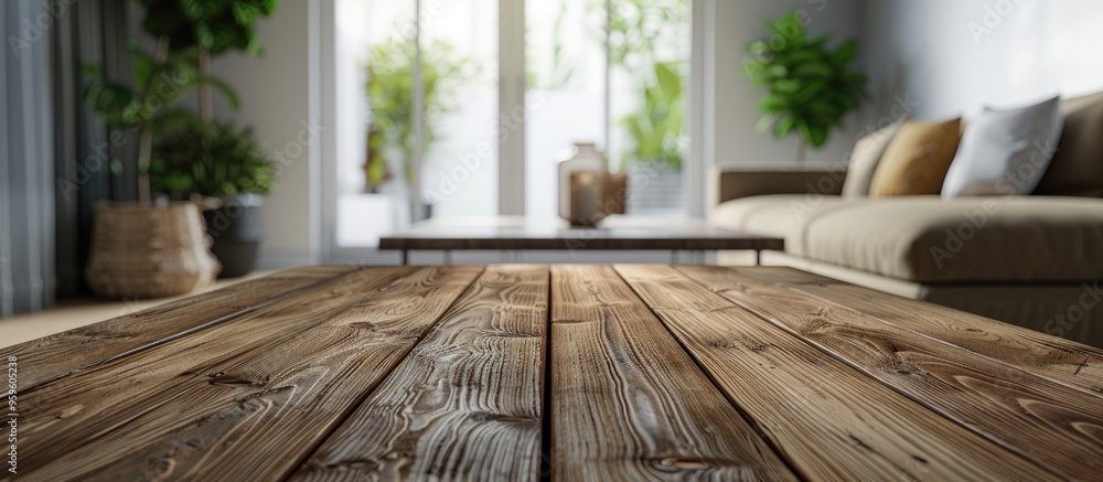 Poster empty wooden table with a blurred background of a living room. copy space image. place for adding te