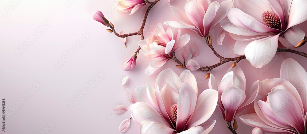 Poster fresh magnolia flowers and a spring workspace of free space. copy space image. place for adding text