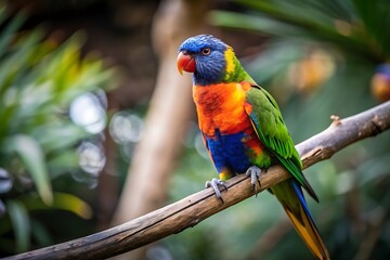 A Colorful Parrot With a Blue Tail Sits on a Branch