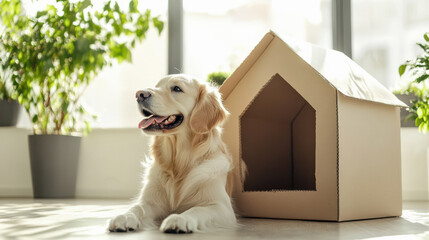 Fototapeta na wymiar dog sitting with cardboard dog house