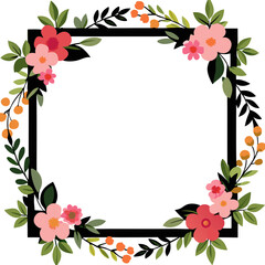 Square floral frame with pink flowers and green leaves on a white background