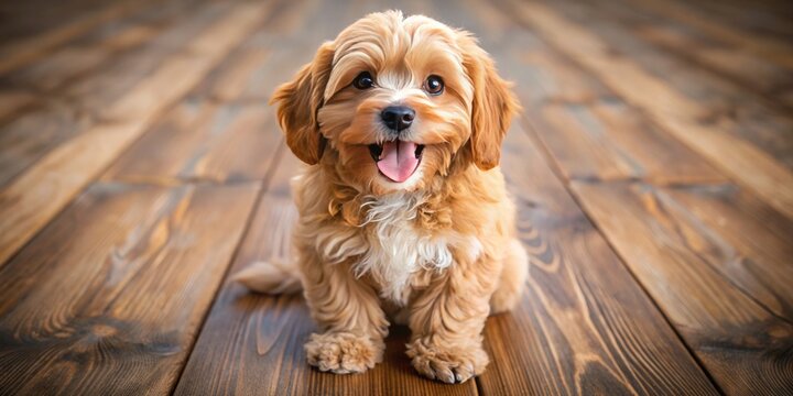 A joyful cavapoo puppy sits on a weathered wooden floor, its big smile radiating happiness and playful energy.