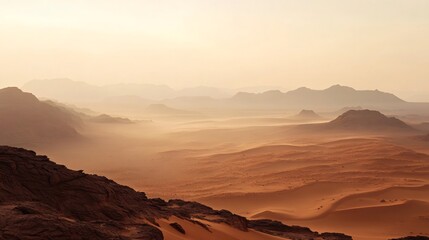 Naklejka premium A panoramic view of a vast desert landscape under a hazy sky with rolling hills in the distance.