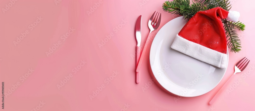 Poster christmas festive table arrangement fir branches and cutlery placed in a santa hat on a pink backgro