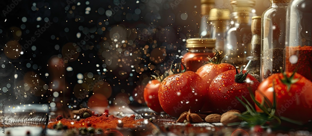 Poster fresh red tomatoes with water droplets and an assortment of ground spices in bottles. copy space ima