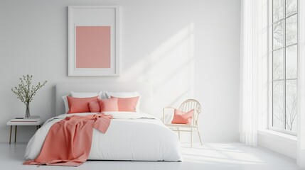 A minimal bedroom with a pink wall. The room is clean and well-lit, with a window letting in natural light.