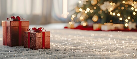 Christmas gift boxes on a white carpet beside a Christmas tree. Copy space image. Place for adding text and design