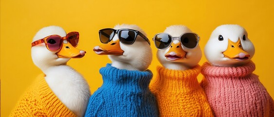 Fototapeta premium Four stylish ducks in bright sweaters and sunglasses, posing against a vibrant yellow background