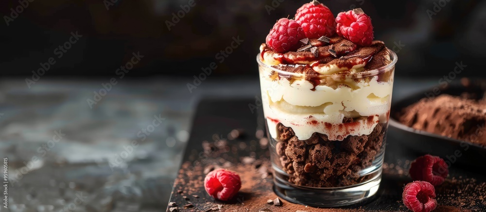 Poster tiramisu dessert served in a glass tiramisu cream topped with raspberry and chocolate. copy space im