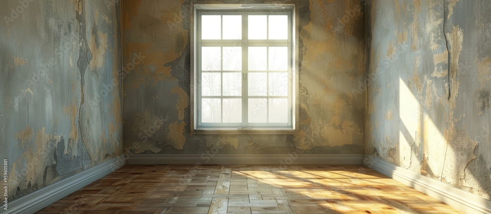 Poster vacant room featuring a window and parquet flooring no one is present inside. copy space image. plac