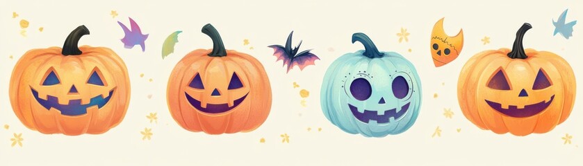 Colorful Halloween pumpkins with playful faces set against a light background, perfect for festive decorations and themes.
