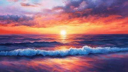 Fototapeta premium A painting of a beautiful sunset over the ocean with waves crashing on the shore.