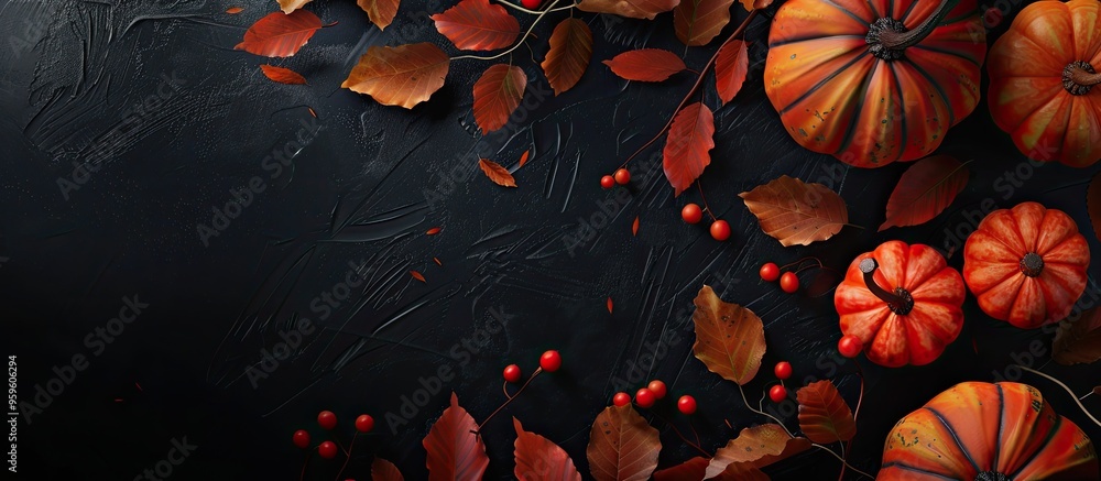 Poster Autumn pumpkins and leaves on a black background with copy space for text A backdrop for greetings and celebrations