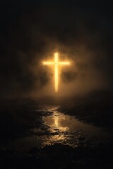 Naklejka premium Glowing cross in misty darkness, illuminating the ground below