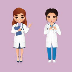 Cute cartoon woman in doctor uniform with different acting character