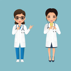 Cute cartoon woman in doctor uniform with different acting character