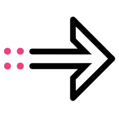 A stylized black arrow pointing right with three pink dots indicating motion