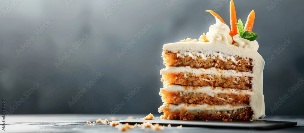 Poster carrot cake topped with cream cheese frosting and garnished with candied carrots. copy space image. 