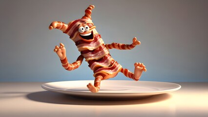 animated bacon strip character long undulating engaging in a comical dance crispy strips stretch.